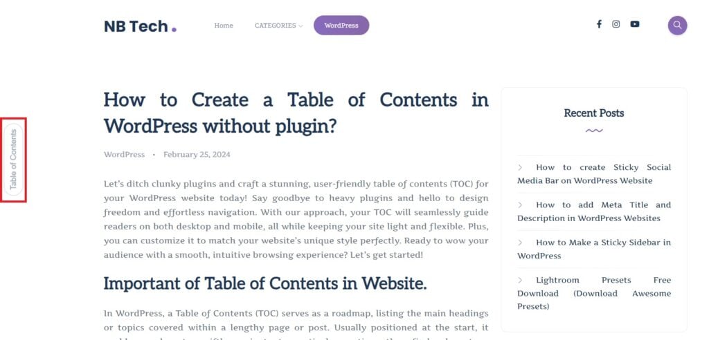 Table of content box